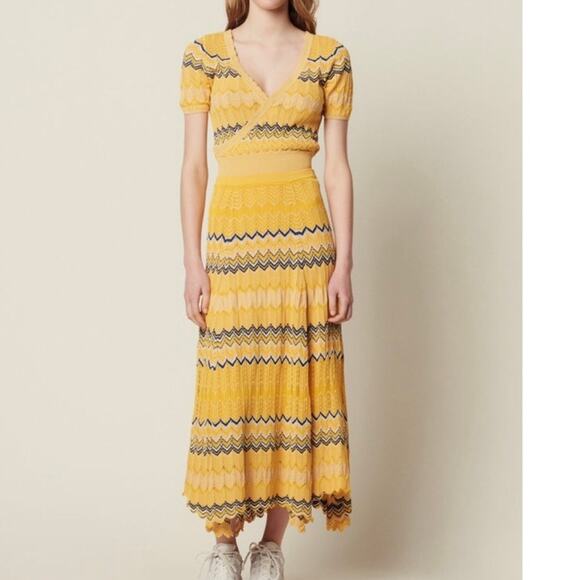 Sandro Paris Womens Zig Zag Wrap Top Midi Skirt 2PC Set 1 / XS Yellow - Picture 1 of 16